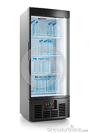 Upright refrigerated cabinet with glass door. Water bottles on s Stock Photo
