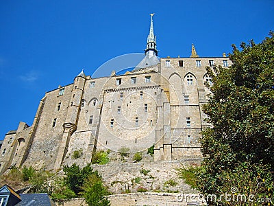 Uprisen angle view of famous historical Le Mont Saint-Michel Gothic abbey in Normandy, Bretagne, France, Europe. Stock Photo