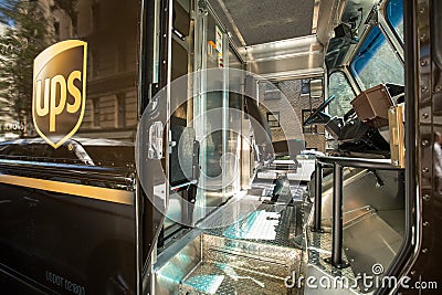 UPS delivery truck cabin, driver out for delivery Editorial Stock Photo