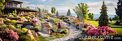 Upscale home garden in summer, luxury design of landscaped house backyard. Panoramic view of path, flowers, terrace and plants at Stock Photo