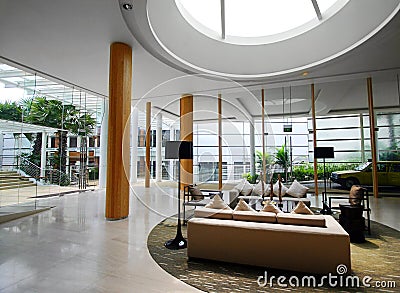 Upscale hotel interiors with skylight Stock Photo