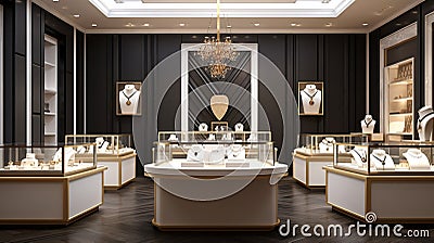 An upscale jewelry store with a simple plain black wall HD Stock Photo