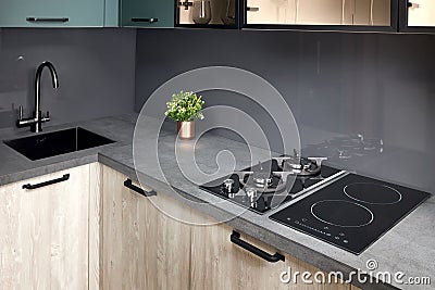 Upscale modern flat design Aqua Menthe kitchen in luxury home with induction electric hob flat oak or walnut wooden Stock Photo