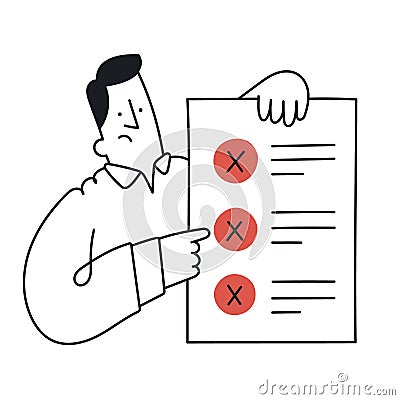 Upset, angry man holding to-do list with checkboxes. Unfinished task, job not done. Outline, linear, thin line, doodle art. Vector Illustration