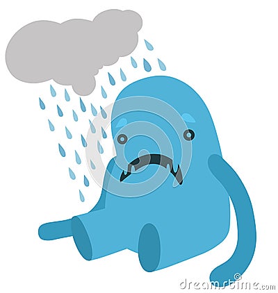 Upset Blue Monster with a Rainy Cloud Stock Photo