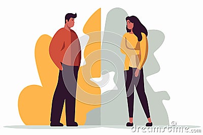 Upset couple separated by wall after breakup struggle. Vector illustration Vector Illustration