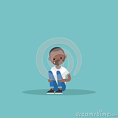 Upset crying black guy sitting and hugging his knees Cartoon Illustration