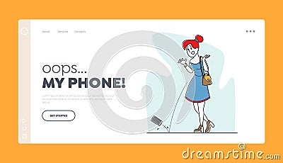 Upset Female Character Drop Smartphone on Ground Landing Page Template. Woman with Broken Gadget. Unlucky Situation Vector Illustration