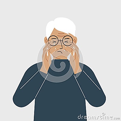 Upset grandfather cries and holds his head with his hands. The concept of resentment, pain and depression. Vector Illustration
