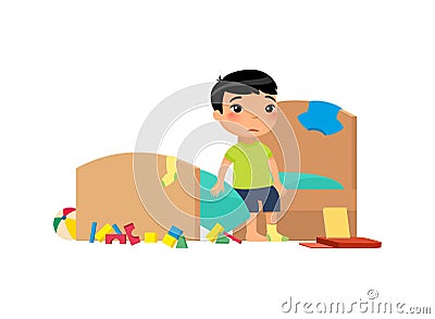 Upset kid in messy bedroom flat vector illustration. Little asian boy in dirty apartment cartoon character Vector Illustration