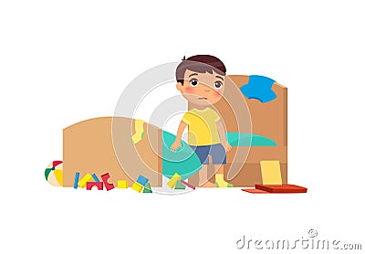 Upset kid in messy bedroom flat vector illustration Vector Illustration