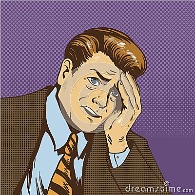 Upset man vector illustration in retro comic pop art style. Sad businessman in stress situation thinking Vector Illustration