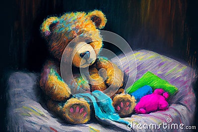 Upset sick teddy bear in bed, generative ai Cartoon Illustration