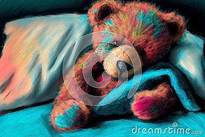 Upset sick teddy bear in bed, generative ai Cartoon Illustration