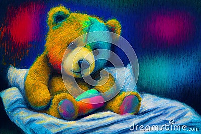 Upset sick teddy bear in bed, generative ai Cartoon Illustration