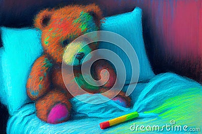 Upset sick teddy bear in bed, generative ai Cartoon Illustration