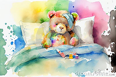 Upset sick teddy bear in bed, generative ai Cartoon Illustration