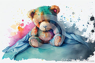 Upset sick teddy bear in bed, generative ai Cartoon Illustration