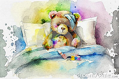 Upset sick teddy bear in bed, illustration Cartoon Illustration