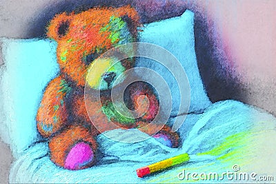 Upset sick teddy bear in bed, illustration Cartoon Illustration