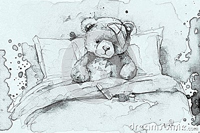 Upset sick teddy bear in bed, illustration Cartoon Illustration