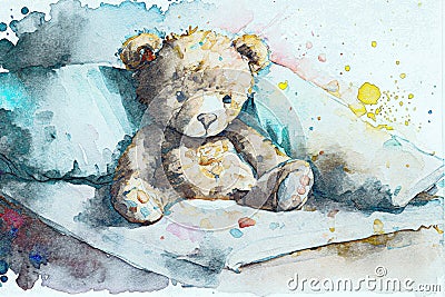 Upset sick teddy bear in bed, illustration Cartoon Illustration