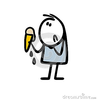 Upset stickman holds melting ice cream in his hand and look sadly. Vector Illustration