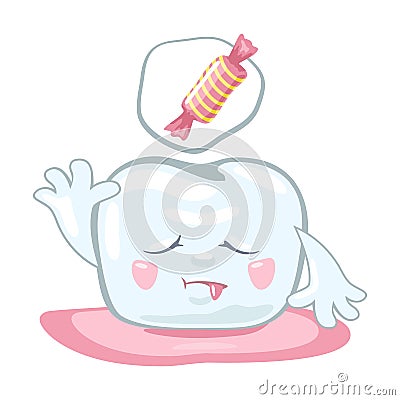 Upset white tooth against eating sweets that can cause tooth decay, caries, cavity. Vector Illustration