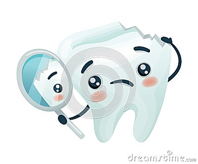 Upset tooth character looking in dental inspection mirror. Oral care, mouth hygiene, teeth restoration concept cartoon Vector Illustration