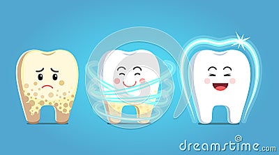 Upset tooth character with plaque gets treatment Vector Illustration