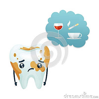 Upset tooth character with wine, coffee, cigarette stains cartoon vector illustration Vector Illustration