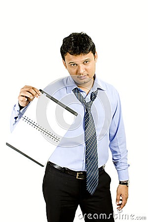 Upset/troubled boss asking question on report Stock Photo