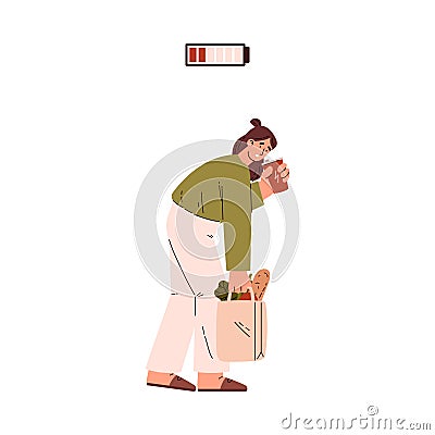 Upset woman hunched over carries bag of groceries flat style Vector Illustration