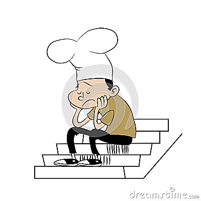 Upset young cook sitting on stairs Vector Illustration