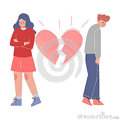 Upset Young Man and Woman Standing with Broken Heart, Breakup, Divorce Vector Illustration Vector Illustration