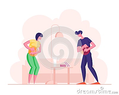 Upset Young Woman and Man Feeling Abdominal Pain. People Suffering of Ache or Spasm in Stomach Holding Belly at Home Vector Illustration