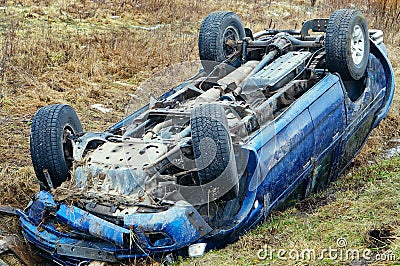 Upside down car, car accident, road accident Stock Photo