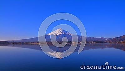 Upside down Mt. Fuji of blue sky clear from Lake Kawaguchi Japan wide panorama Stock Photo