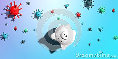 Upside down piggy bank with epidemic influenza and Covid-19 concept Stock Photo