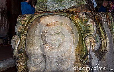 Upside down statue inside of The Basilica Cistern, or Cisterna Basilica, is the largest of several hundred ancient cisterns that Editorial Stock Photo