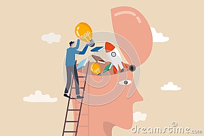 Upskill, learn new things or knowledge development for new skill and improve job qualification concept, man putting light bulb Vector Illustration