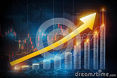 Uptrend arrow enhances financial stats, candlesticks depict economy Stock Photo