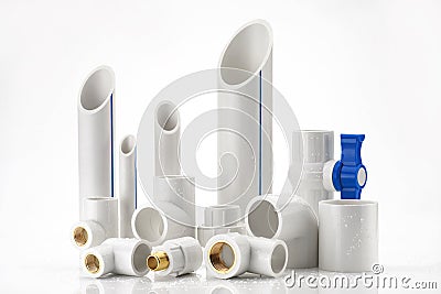 UPVC CPVC Fittings for polypropylene pipes. Elements for pipelines. plastic piping elements. They are designed for connecting pip Stock Photo