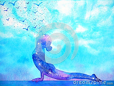 Upward facing dog yoga pose mind art abstract watercolor painting illustration design hand drawing Cartoon Illustration