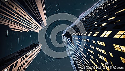 Upward view from bellow to high rise skyscrapers building beautiful night sky with stars trails Stock Photo