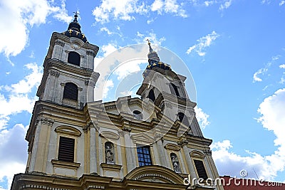 Upward view on towers of famous late baroque Basilica of Our Lady of Seven Sorrows in Sastin Straze, western Slovakia. Stock Photo