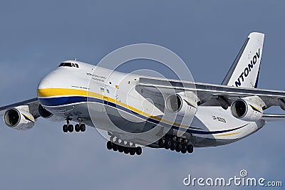 UR-82009 Antonov airplane flying up in the sky Editorial Stock Photo