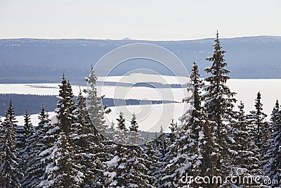 Ural forest. Lake Zyuratkul, winter landscape. Stock Photo