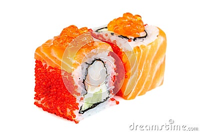 Uramaki maki sushi, two rolls on white Stock Photo