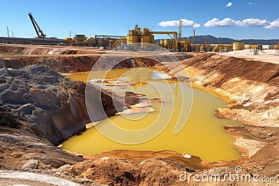 Uranium Mine Tailings Pond With Water Treatment And Containment Systems. Generative AI Stock Photo